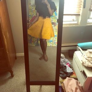 F21 yellow faux suede flare skirt